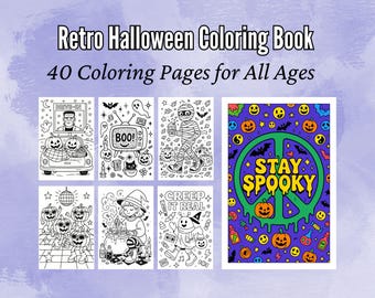 Retro Halloween Coloring Pages Bundle: 40 Printable Vintage Spooky Art Designs (PDF & PNG Download