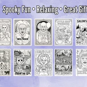 May include: A collection of black and white horror movie-themed coloring pages. Each page features a different movie title, including "Halloween," "The Wolfman," "IT," "Little Shop of Horrors," and "Salem's Lot." The text "Spooky Fun &bull; Relaxing &bull; Great Gift" is at the top.