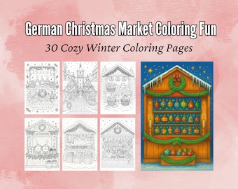 German Christmas Market Coloring Book: 30 Cozy Holiday Coloring Pages,  Printable PNG & PDF Bundle |