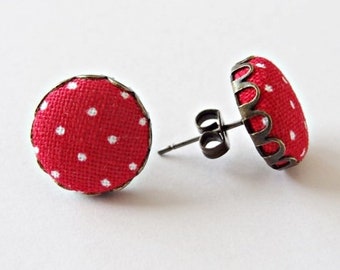 Bronze stud earrings with fabric button dots Red