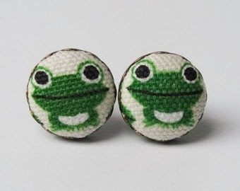 Stud Earrings with fabric button frog Bronze