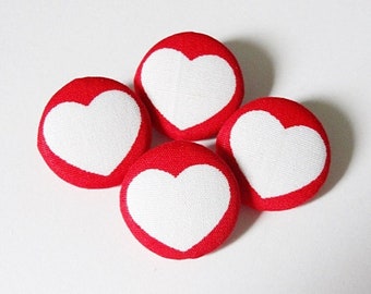 4 fabric buttons 23 mm white big hearts