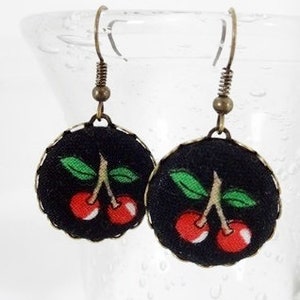 Earring Fabric Button "Cherries" Vintage