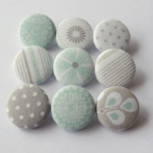 9 Fabric buttons 23 mm shabby turquoise Grey mix