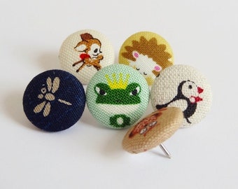 6 pin pins with fabric buttons cute animals