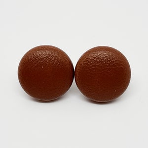 Stud earrings fabric button leather medium brown