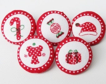 5 fabric buttons 23 mm red Christmas Mix