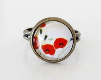 Ring "Poppy Flower" Glass Ring Cabochon Bronze