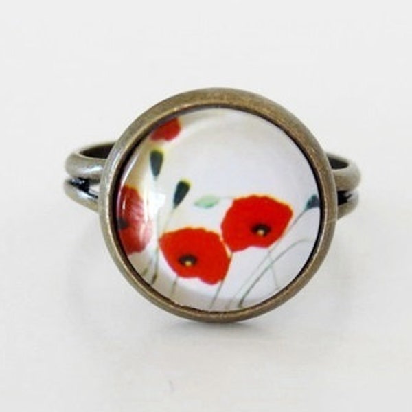 Anneau "Poppy Flower" Anneau de verre Cabochon Bronze