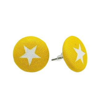 May include: A pair of yellow button earrings with a white star design.