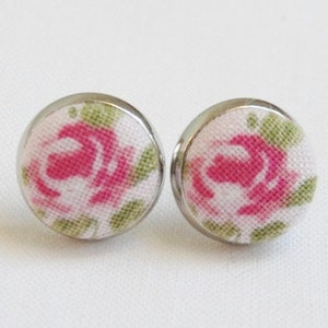 Earrings with cloth button rose Silver
