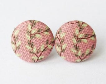 Earrings Fabric button Flower Vines vintage