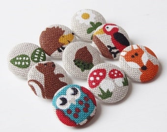 9 fabric buttons 23 mm "Meeting in the forest" mix