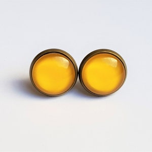 Silver or bronze ear studs glass cabochon yellow mustard yellow