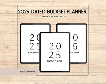 Pode incluir: Três downloads digitais imprimíveis para um planejador de orçamento de 2025. Cada página apresenta um design em preto e branco com o ano de 2025 e o texto "BUDGET PLANNER".