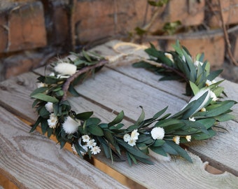 flower crown with eucalyptus, Wedding forest crown, Green wreath, Wreath of dried and stabilized flowers, Rustic wedding