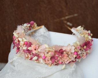 Bride flower crown, Pink Wedding headband, Rustic wreath, white dried flowers headband, Bridal headpiece, first communion crown