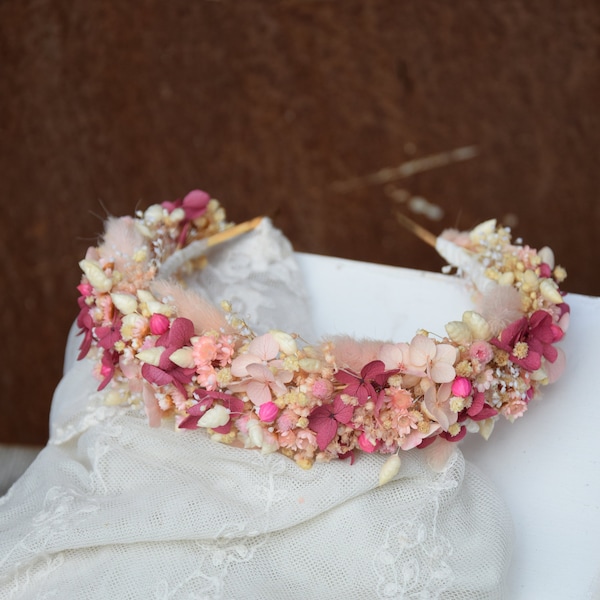 Couronne de fleurs de mariée, bandeau de mariage rose, couronne rustique, bandeau de fleurs séchées blanches, couronne de première communion