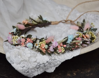 flower crown with eucalyptus, Wedding forest crown, Green wreath, Wreath of dried and stabilized flowers, Rustic wedding