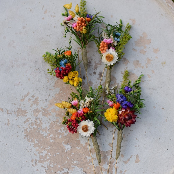 Colourful meadow flower hairpins, Hippie flower hairpins , Rainbow hairpins, Fairytale and Daisy, Wildflower Bride Wedding Hair Pin