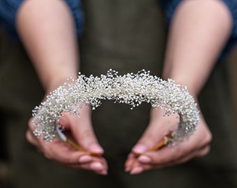 Communie bloem kroon, bruiloft hoofdband gemaakt van witte gipskruid, rustieke krans, hoofdband gemaakt van gedroogde bloemen