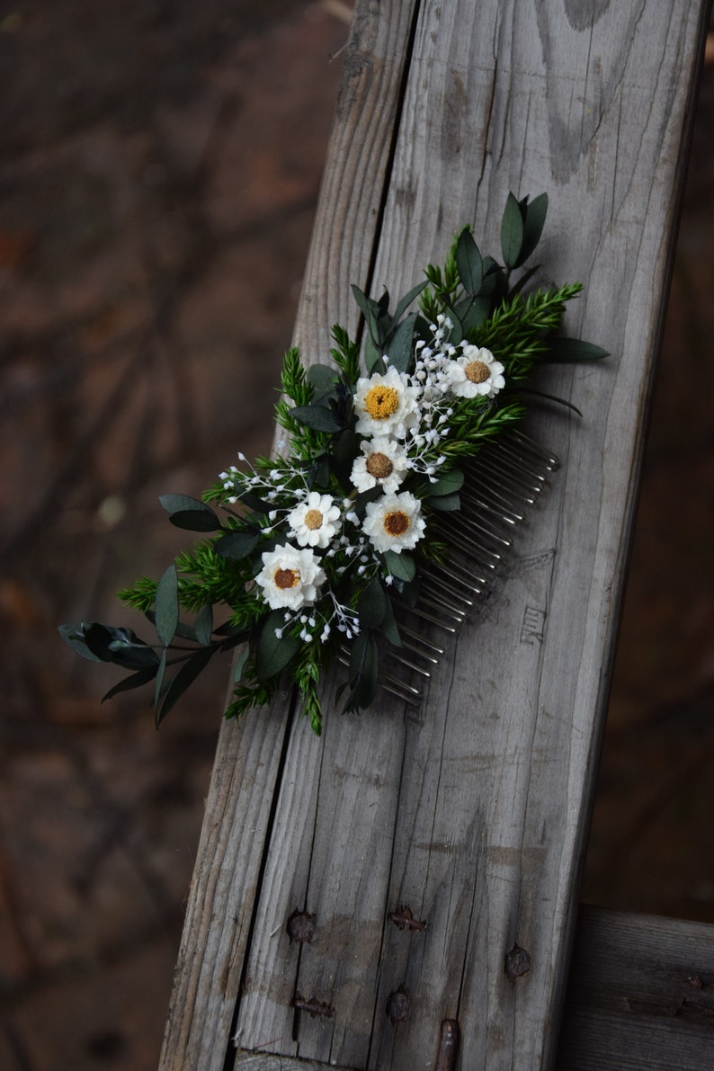 Zielony grzebyk do włosów z suszonych i stabilizowanych kwiatów, rustykalna ozdoba ślubna, rustykalne wesele zdjęcie 1