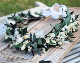 flower crown with eucalyptus, Wedding forest crown, Green wreath, Wreath of dried and stabilized flowers, Rustic wedding