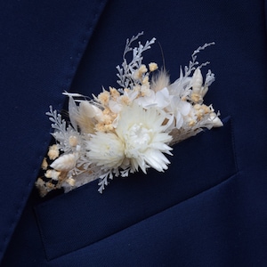 white Rustic pocket boutonniere, Woodland dried boutonniere,  Ivory Dried Flower Grooms Buttonhole, Floral pocket square