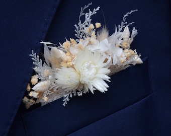 white Rustic pocket boutonniere, Woodland dried boutonniere,  Ivory Dried Flower Grooms Buttonhole, Floral pocket square