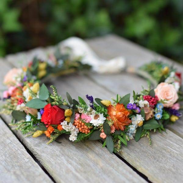 Meadow flower hair crown, Folk wedding flower crown, Colourful wedding hair crown, Rainbow wedding dried flower  crown for bride