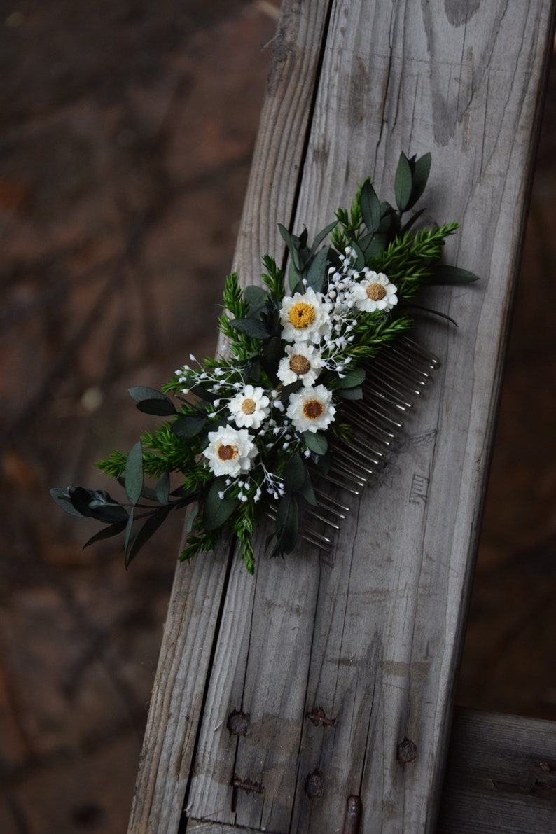 Zielony grzebyk do włosów z suszonych i stabilizowanych kwiatów, rustykalna ozdoba ślubna, rustykalne wesele zdjęcie 3