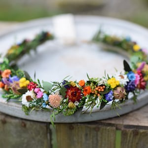 Meadow flower hair crown, Folk wedding flower crown, Colourful wedding hair crown, Rainbow wedding dried flower  crown for bride