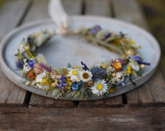 Meadow flower hair crown, Folk wedding flower crown, Colourful wedding hair crown, Flower crown with thistles,  crown for bride