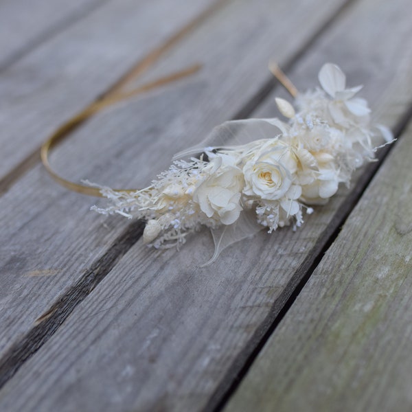 Couronne de tête, bandeau de mariage Ivoire, couronne rustique, bandeau de fleurs séchées blanches, mariage folklorique, mariage rustique