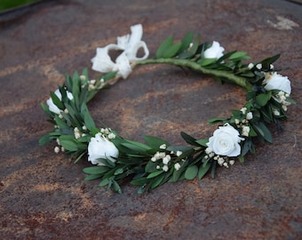 flower crown with eucalyptus, Wedding forest crown, Green wreath, Wreath of dried and stabilized flowers, Rustic wedding