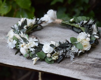 Preserved flower crown with eucalyptus and roses , Wedding forest crown, Green wreath, Wreath of dried and stabilized flowers