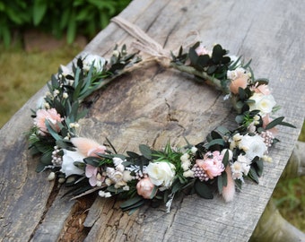 Preserved flower crown with eucalyptus and roses , Wedding forest crown, Green wreath, Wreath of dried and stabilized flowers
