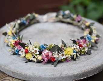 Meadow flower hair crown, Folk wedding flower crown, Colourful wedding hair crown, Flower crown for bride