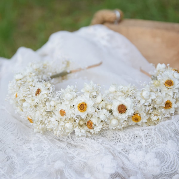 Couronne de tête, bandeau de mariage Ivoire, couronne rustique, bandeau de fleurs séchées blanches, mariage folklorique, mariage rustique