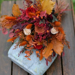 Autumn Bridal Bouquet,Red and orange  Dried Flower Wedding Bouquet, Bridesmaid preserved flowers bouquet, Fall Wildflower Bouquet
