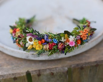 Head wreath,  Wedding colourful headband, meadow flower crown, dried flowers headband, Folk wedding, Rustic wedding, rainbow flower crown