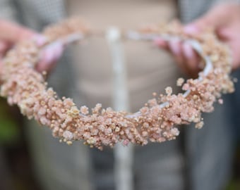 Communion flower crown on pink gypsophila, pink gypsophila crown, rustic crown, dried flower crown, folk wedding