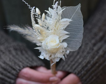 white Rustic wedding buttonhole, Woodland dried boutonniere,  Dried Flower Grooms Buttonhole