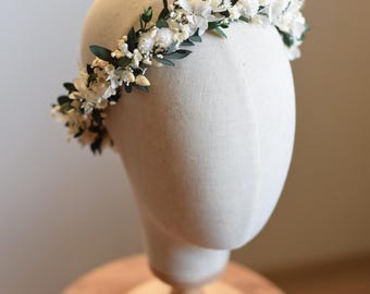 flower crown with eucalyptus, Wedding forest crown, Green wreath, Wreath of dried and stabilized flowers, Rustic wedding