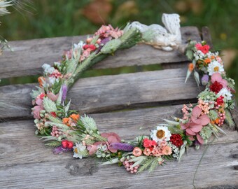 Meadow flower hair crown, Folk wedding flower crown, Colourful wedding hair crown, Flower crown for bride
