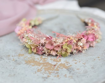 Romantisch, pastel hoofdband, pastel hoofdkrans gemaakt van gedroogde bloemen, pastel bruiloft