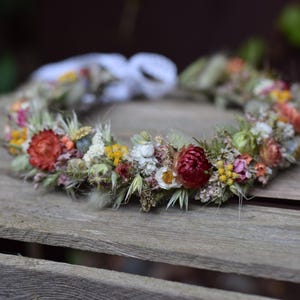 Meadow flower hair crown, Folk wedding flower crown, Colourful wedding hair crown, Rainbow wedding dried flower  crown for bride