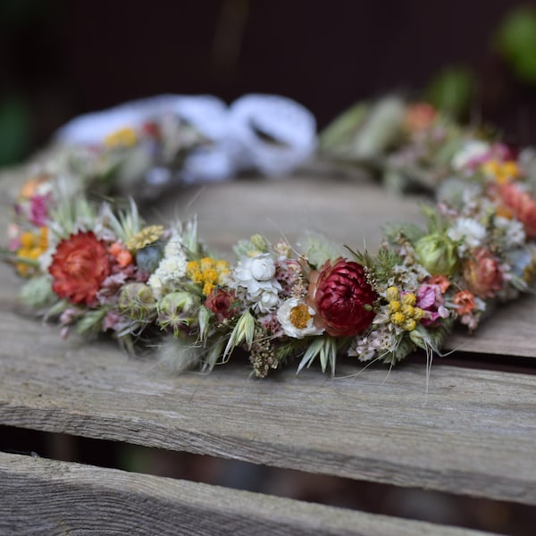 Meadow flower hair crown, Folk wedding flower crown, Colourful wedding hair crown, Rainbow wedding dried flower  crown for bride