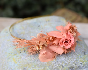 Romantic, peach headband, Pastel head wreath made of dried flowers, Pastel wedding