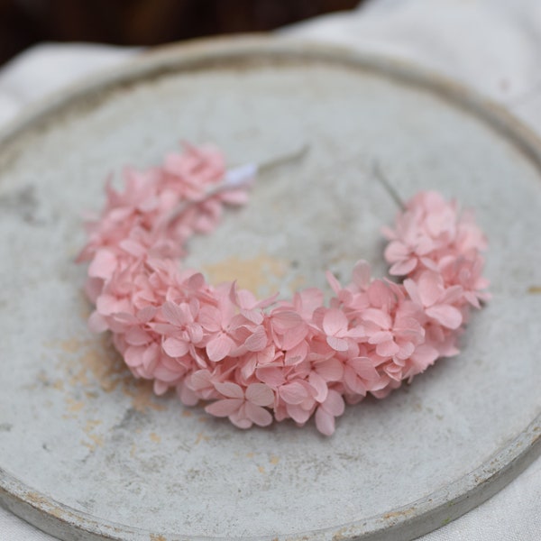 Bandeau d'hortensia rose, couronne de fleurs d'hortensia, bandeau de fleurs séchées, mariage folklorique, mariage d'automne